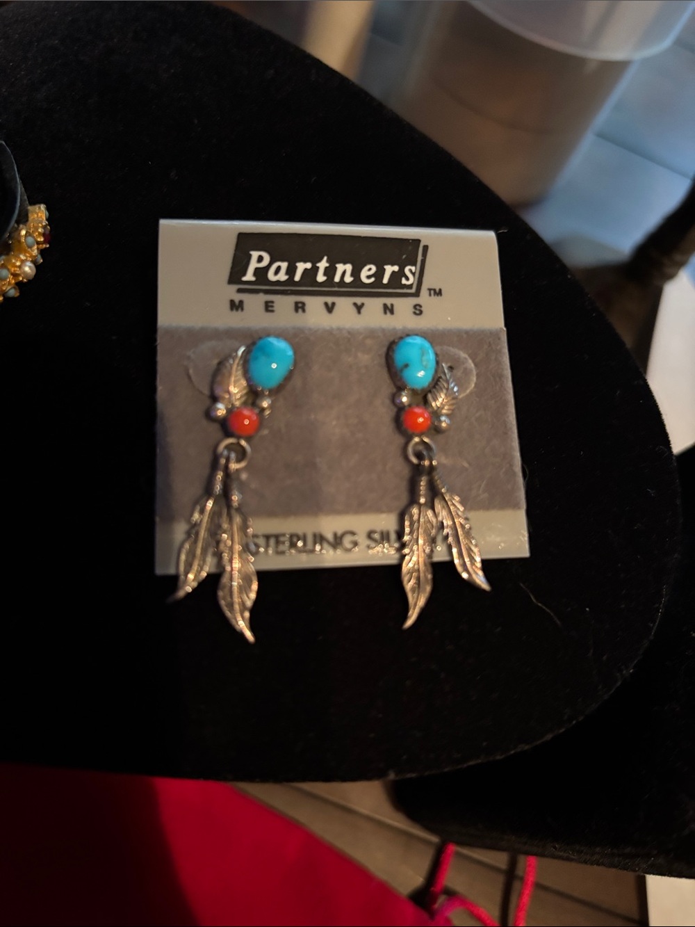 Partners Mervyns Sterling Silver Feather Drop Earrings with Turquoise and Coral